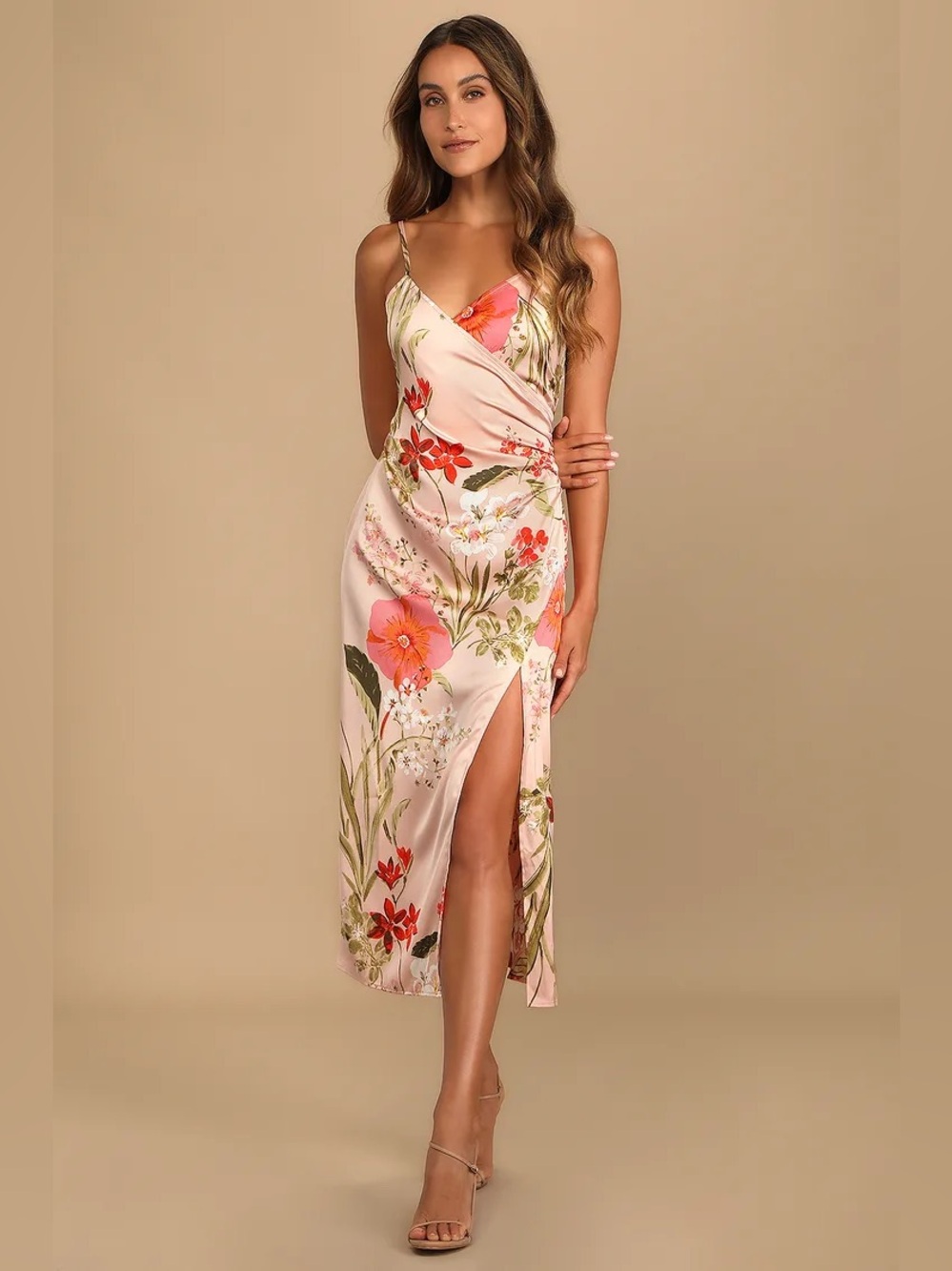 Lulu's Pink Floral Satin Midi Slip Dress with Side Slit